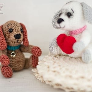 Crochet Valentine dog with heart - plush miniature gift - a white stuffed soft puppy. Amigurumi toy for a dog lovers