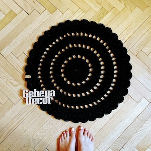 Small crochet round rug - floor lace bedside accent mini carpet for a bath. Round circle black lace handmade country, rustic, boho decor
