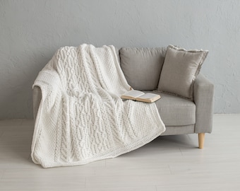 Hand Knitted Cable Blanket: Soft White Bed Throw (49x67 inches)