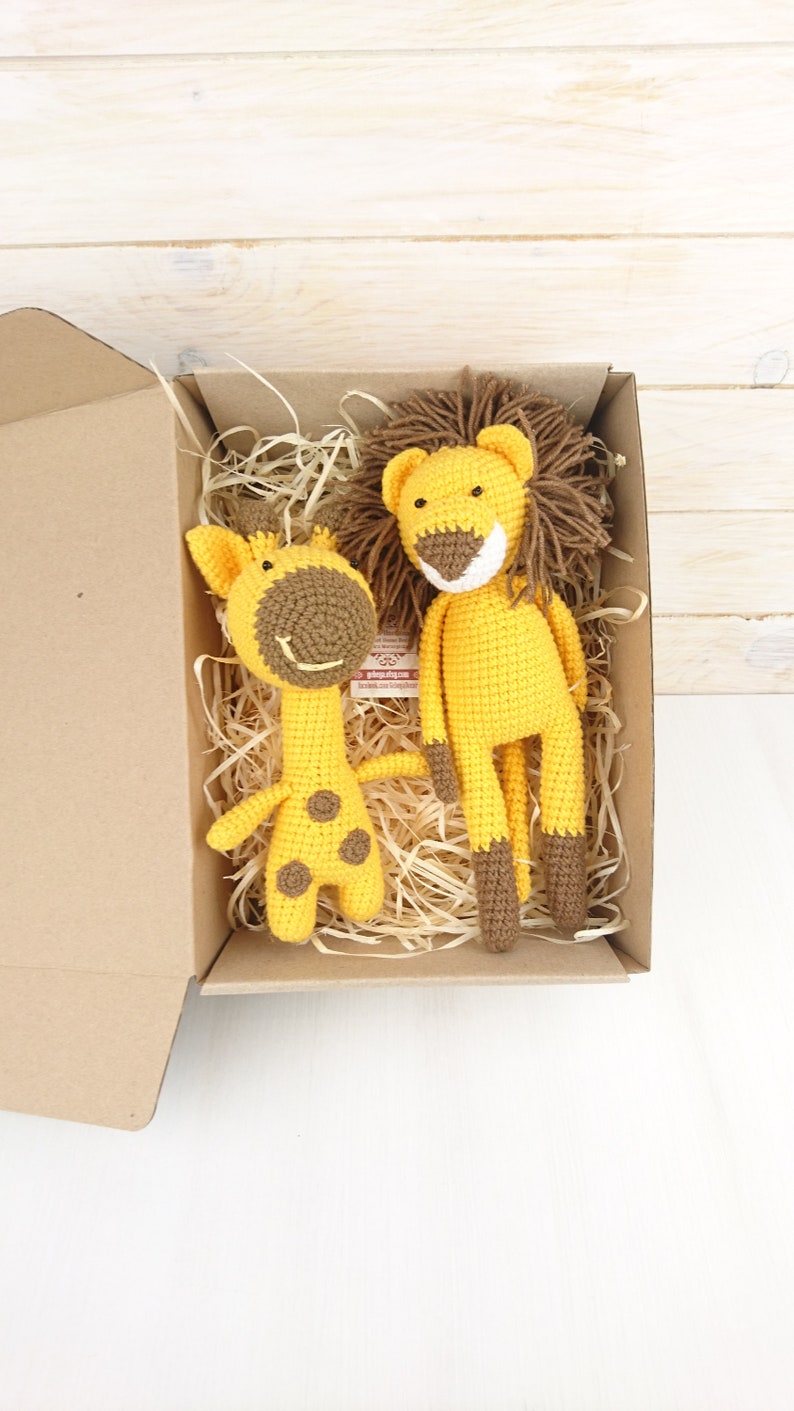 Lion & giraffe baby toy set crochet newborn shower soft gifts. Amigurumi stuffed yellow animals for a 1st birthday image 1