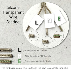 May include: Diagram of electrical wiring with "Silcone Transparent Wire Coating" text. The diagram shows the live (black), neutral (white), and ground (green) wires. The text indicates the cord has no plug and requires professional installation.
