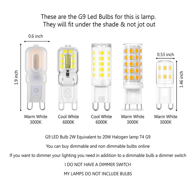May include: A product image showcasing five G9 LED light bulbs. The bulbs vary in design and color temperature, with dimensions provided in inches. Text on the image includes specifications and warnings about dimmable bulbs.