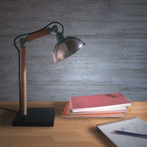 Wooden Table Lamp with a with Patina Brass Shade. adjustable arm with brass butterfly bolts. Desk lamp. Industrial lamp. Reading lamp