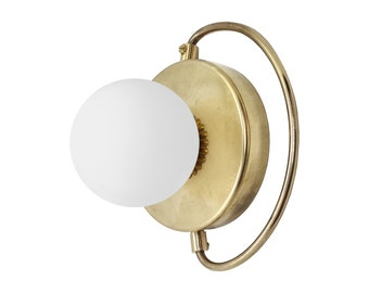 Brass Vanity Lamp. Brass & Translucent White Globe Shade.