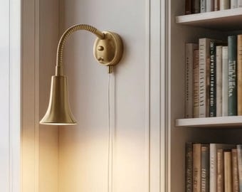 Solid Brass Matte Finish Wall Lamp | Adjustable Gooseneck Reading Light | Soft Wired Plug-In Lght