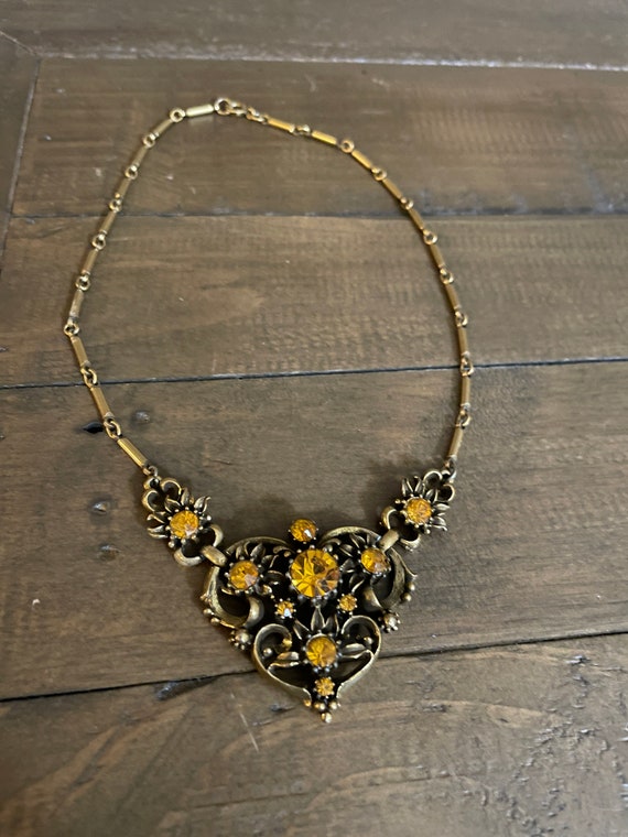 Vintage Coro Gold Tone Amber Rhinestone Necklace - image 2