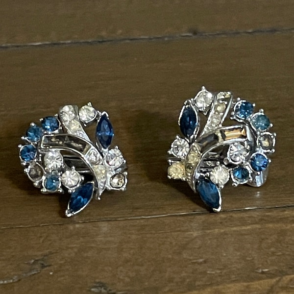 Vintage Signed Coro Blue rhinestone Silver Tone Clip Earrings