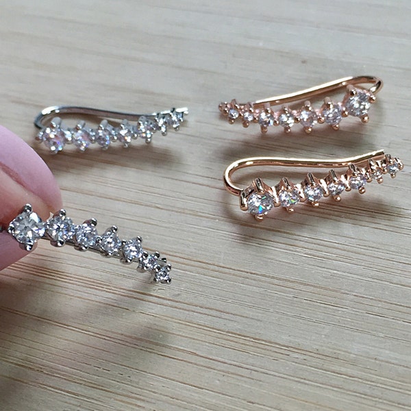 Mia Earrings. 18K White Gold or Rose Gold Plated Cubic Zirconia Ear Climbers Earrings. Ear Hook. Ear Wrap. Ear Crawlers..