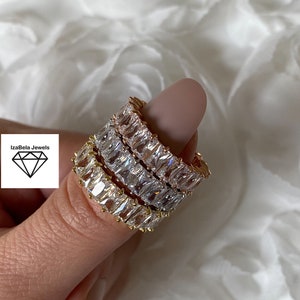 Gia Ring. 3 Colors. Rectangular Cubic Zirconia Stones. Yellow, Rose or  White Gold Plated Eternity Ring. High Quality Jewelry. Bridal Ring.