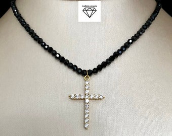 Black Beaded Cross Necklace • Gold Plated Cross  and Cubic Zirconia Stones • Bohemian Jewelry • Unisex Jewelry