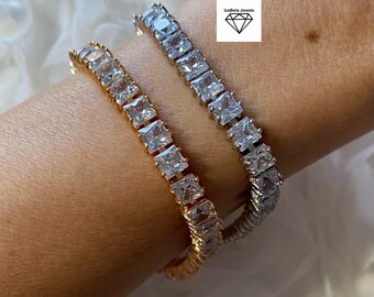 5mm Square Cubic Zirconia Tennis Bracelet • White or Yellow Gold Plating • Classic Jewelry • Customized Length