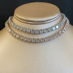 Choker Necklace and Earrings • 6mm Cubic Zirconia Stones •  Yellow or White Gold Plated Tennis Necklace •  Trendy Jewelry • Unisex Jewelry.
