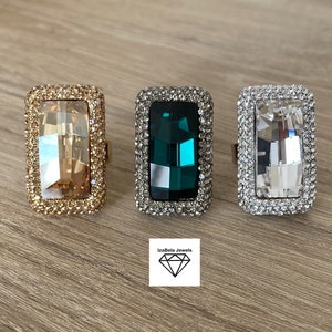 Dazzling Large Statement Rings in 3 Colors. Rectangular Stone Ring. Evening Ring. Adjustable.