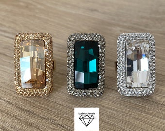 Dazzling Large Statement Rings in 3 Colors. Rectangular Stone Ring. Evening Ring. Adjustable.