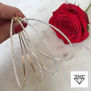 2 Sizes • Thin Crystal Hoop Earrings • Silver, Yellow  and Rose Gold Plating •  Trendy Hoops • Big Hoops.
