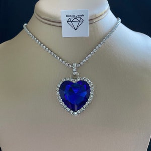 Heart of The Ocean Necklace • Statement Sapphire Blue Heart Necklace • High Quality Glass Crystals • Tennis  Heart Necklace