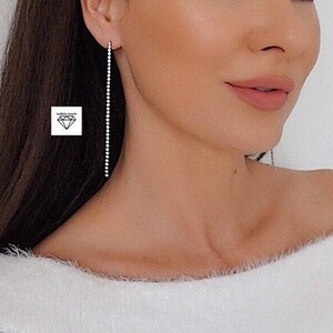 925 Sterling Silver Post. 2mm Cubic Zirconia Simple Drop Earrings. 3.5" Long Crystal Earrings. High Quality Long Classic Earrings.