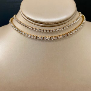 3mm or 4mm Cubic Zirconia Stones • Yellow Gold Plated Tennis Choker Necklace • Bridal Jewelry • Unisex Jewelry • Trendy Jewelry.
