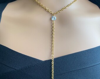 18 kt gouden roestvrijstalen lariat-ketting met 8 mm zirkonia diamant • Choker lariat-ketting • Trendy Y-vormige ketting.