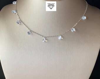 925 Sterling Silver Chain and High Quality 6mm Cubic Zirconia Dangling Necklace. Layering Necklace. Bohemian Necklace. Bridal Jewelry.