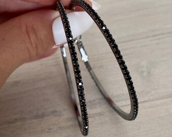 3” Black Crystal Hoops • Gunmetal Plated • Trendy Earrings • Very Big Crystal Hoops • Large Hoop Earrings • Sexy Earrings.