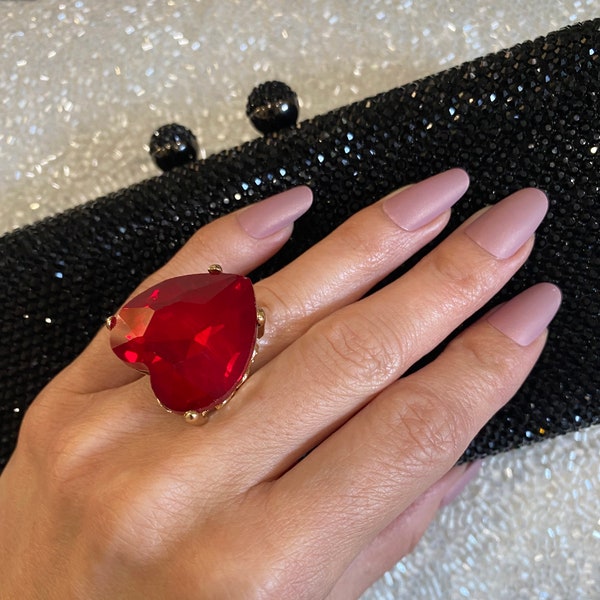 Big Red  Heart Ring •  Glass Crystal • Gold  Plating • Beautiful Trendy Ring • Adjustable.