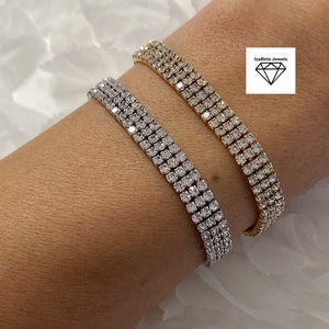 3 Row Tennis Bracelets. 2 Colors. High Quality Cubic Zirconia and White or Yellow Gold Plating. Bridal Jewelry.