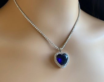 Sapphire Blue Heart Necklace • High Quality Crystals • 2mm Cubic Zirconia Tennis Chain •  Titanic Heart Necklace