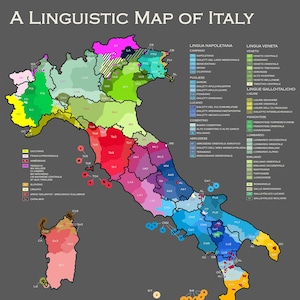 Een taalkundige kaart van Italië - Gicléeprint in beperkte oplage in verschillende A-formaten (A1 - A4), niet ingelijst