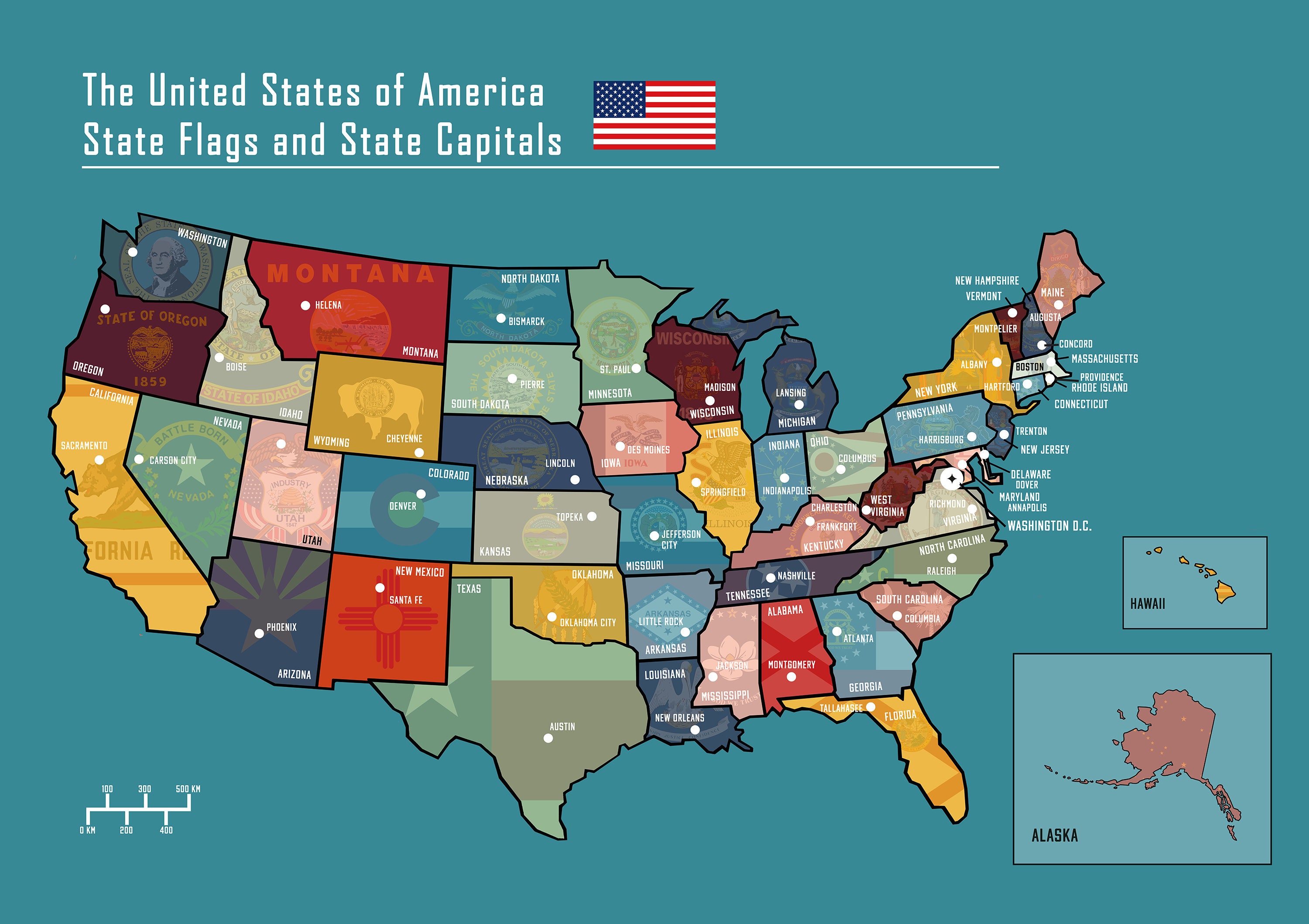USA Map - State Flags and State Capitals - Limited Edition Giclée Print ...
