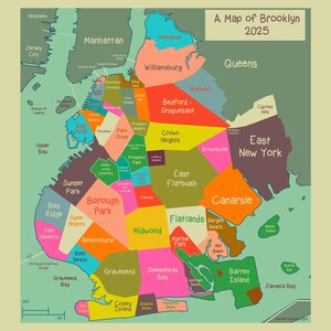 Une carte de Brooklyn, New York. Impression giclée en édition limitée, différentes tailles, sans cadre. Papier mat ou lustré.