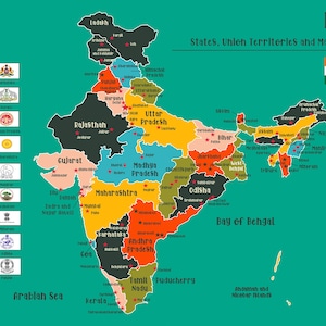 May include: A colorful map of India on a teal background, labeled India: States, Union Territories and Major Cities. The map features distinct colored regions for each state, red stars for major cities, the national flag, and various state emblems.
