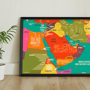 Mapa dos países e principais cidades do Oriente Médio/Próximo Oriente - NOVA EDIÇÃO Impressão Giclée (sem moldura) A1 - A4. Papel artístico fosco ou brilhante