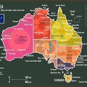 Karte mit australischen Territorien, Flaggen und großen Städten - Giclée Druck in verschiedenen Größen (A1-A4), ohne Rahmen