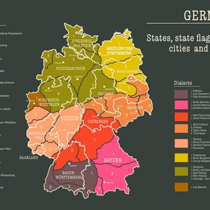 NEUE EDITION - Dialekte, Bundesländer, Flaggen und wichtige Städte Deutschlands - Limited Edition Giclée A1 bis A4 Standardgrößen, (ungerahmt).