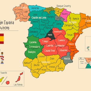 Karta över Spaniens provinser - Digitaltryck, standard A-storlekar (A1 till A4). Ladda ner, skriv ut, rama in!