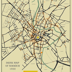 Norwich Drinking Map, 1892, Original / Mehrfarbig / Blau / Dunkelblau, Limitierte Auflage, Giclée-Druck (ungerahmt), verschiedene Größen