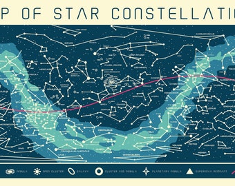 May include: A blue and green map of the night sky with white lines connecting stars to form constellations. The map includes the names of the constellations and the text "MAP OF STAR CONSTELLATIONS".
