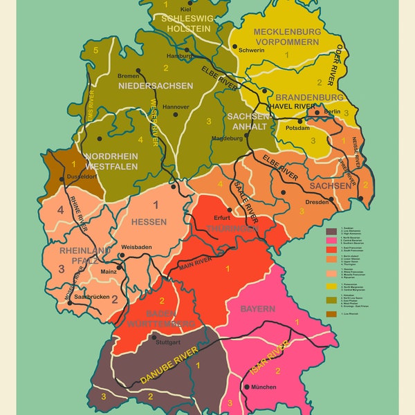 Dialekte, Flüsse und Bundesländer - Limited Edition Giclée Druck in den Standardgrößen A1, A2, A3 und A4 (ungerahmt)