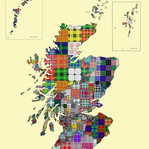May include: A map of Scotland, divided into regions, each filled with a unique tartan pattern. The map includes insets for the Eilean Siar and Shetland Islands. The background is a light beige color. The artist's signature is in the bottom right corner.