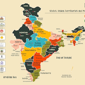 May include: A colorful map of India featuring states, union territories, and major cities labeled in black text. The map includes the national flag in the top right corner and a vertical column of various state emblems along the left and right sides.