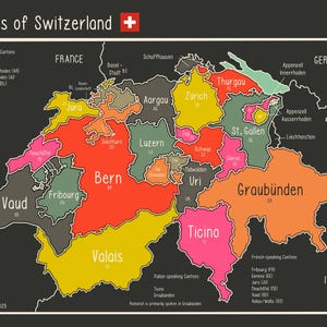Cantons of Switzerland: Administrative divisions and languages info map giclée print. A1-A4 (unframed). Choice of Matte or Lustre paper.