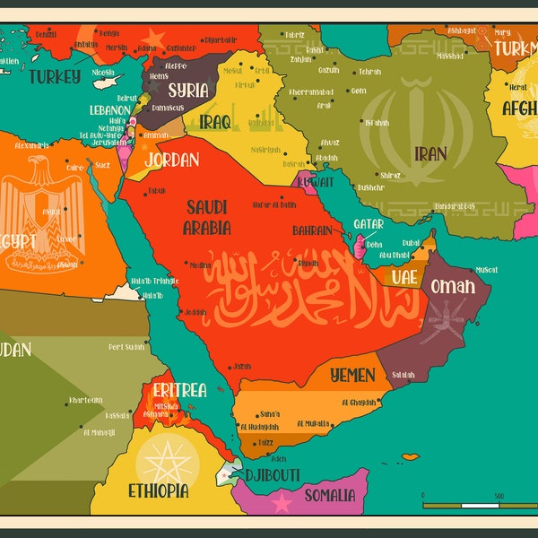 Naher Osten / Naher Osten Länder und wichtige Städte Karte - Giclée Druck (ungerahmt) A1, A2, A3 oder A4