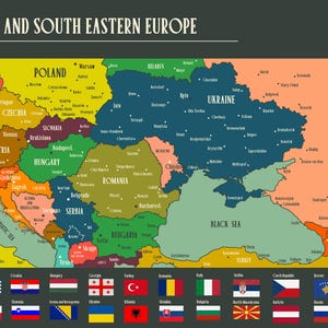 Landkarte der Ukraine und Südosteuropas mit Flaggen - Giclée Druck auf glänzendem oder mattem Papier, Größen A1-A4, ohne Rahmen.