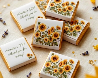 Personalised Sunflower Chocolate Favours - Rustic Floral Wedding Table Decor - 50th Birthday Party Bag Fillers