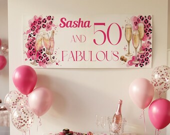 Personalised 50th Birthday Banner – Pink Leopard Print Glamour Backdrop