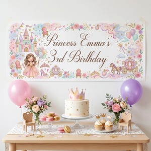 May include: A rectangular banner featuring the text Princess Emma's 3rd Birthday, decorated with a castle, a princess, a carriage, and floral motifs. Below, a table holds a cake with a crown topper, cupcakes, macarons, and two bouquets.