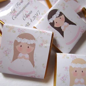 1st communion girls Personalised Chocolate favours, white flowers,  guests favours, pack of 25