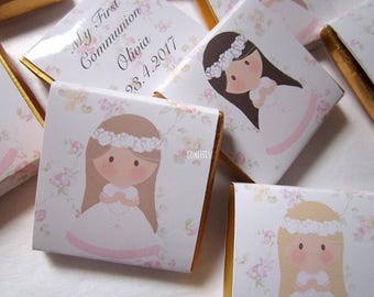 Cadeaux personnalisés en chocolat pour filles de la 1ère communion, fleurs blanches, cadeaux d'invités, paquet de 25