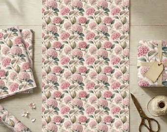 Vintage Pink Hydrangea Gift Wrap, Botanical Floral Paper Sheet, Large Size